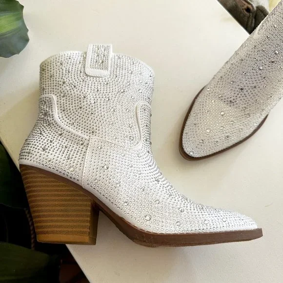 NEW🔥 White Silver Rhinestone Crystal Cowgirl Cowboy Western Ankle Booties Boots - Picture 4 of 6